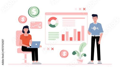 Finance team analyzing cash flow trends, flat vector illustration
