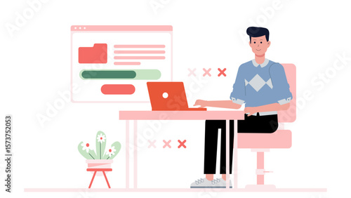 Freelancer delivering final draft via portal, flat vector illustration