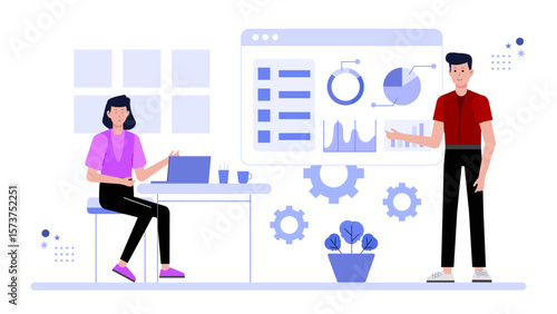 Startup pitching business plan during online demo day flat vector illustration