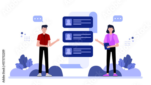 Marketing team building customer persona board flat vector illustration