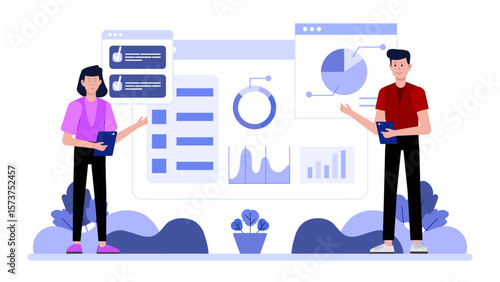 Digital strategist setting up social listening dashboard flat vector illustration