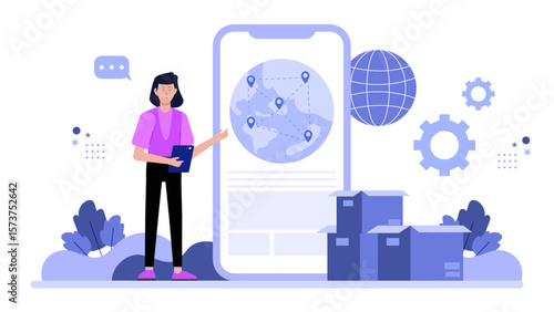 Business owner tracking shipping status via app flat vector illustration