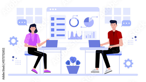 Project team hosting sprint retrospective discussion flat vector illustration