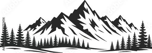Silhouette of majestic mountains and forest conifers against white background
