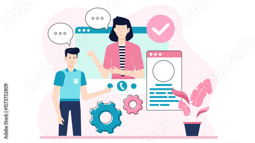 HR manager hosting virtual employee recognition event flat vector illustration