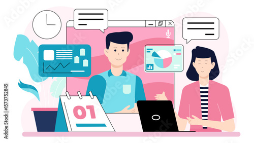 Remote team discussing OKRs in weekly video call flat vector illustration
