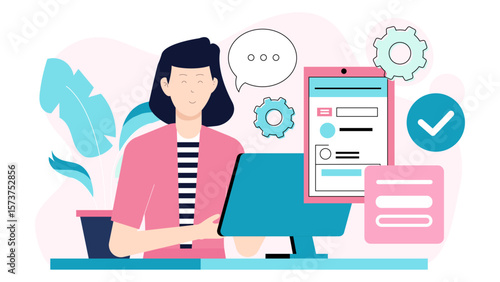 Entrepreneur setting up business account online flat vector illustration