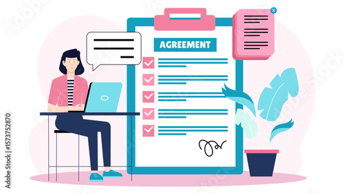 Legal consultant drafting partnership agreement flat vector illustration