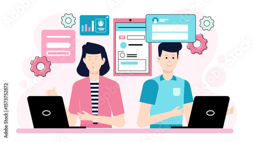 Team using online task management application flat vector illustration