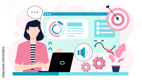 Digital strategist setting up social listening dashboard flat vector illustration