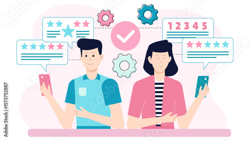 Product researcher gathering beta tester feedback flat vector illustration