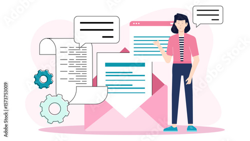 Sales representative sending personalized outreach emails flat vector illustration