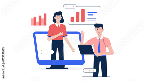 Startup pitching business plan during online demo day flat vector illustration