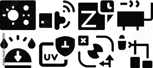 Vector art of a collection of technology and digital icons representing various functions and processes isolated on transparent background.