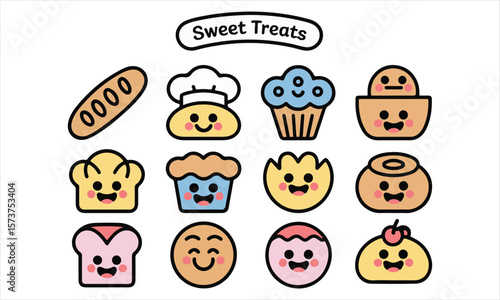Cute kawaii sweet treats bakery cartoon icons