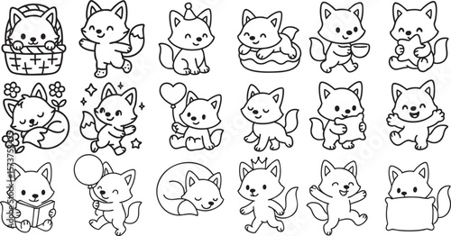 Cute Fox in Playful Activities Black and White Line Art for Children’s Coloring Book | Generative AI