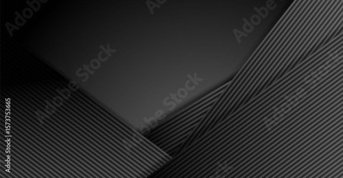 Dark geometric layers interplay in this abstract image, featuring striped textures converging with smooth surfaces to create a minimalist, dimensional background that's both modern and sleek