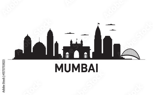 Mumbai Skyline Silhouette Illustration A Dynamic Vector Depiction of India's Vibrant Cityscape Featuring Iconic Landmarks Against a Clean White Background