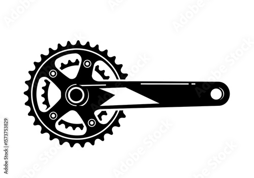 Illustration of a black bicycle crankset with chainring and crank arm on a white background