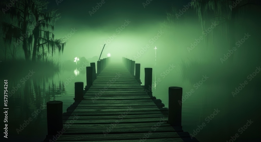 Fototapeta premium Eerie halloween night scene with foggy swamp and spooky pier for holiday design