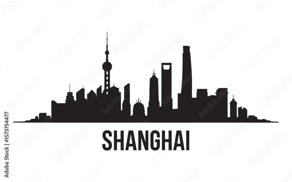 Obraz premium Striking Silhouette of Shanghai's Skyline A Modern Metropolis with Iconic Landmarks and Architectural Marvels Against a Clean White Canvas