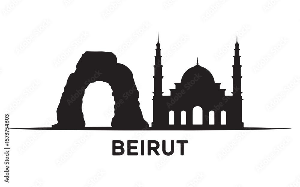 Naklejka premium Beirut Skyline Silhouette Depicting the Raouche Rocks and the Mohammad Al-Amin Mosque with the City Name Below
