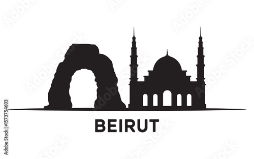 Beirut Skyline Silhouette Depicting the Raouche Rocks and the Mohammad Al-Amin Mosque with the City Name Below