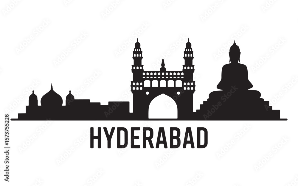 Hyderabad Cityscape Silhouette Vector Illustration Featuring Historical Landmarks, Charminar Monument, Mosques, Buddha Statue and Lettering, a Captivating Black and White Visual Hyderabad Cityscape Silhouette Vector Illustration Featuring Historical Landmarks, Charminar Monument, Mosques, Buddha Statue and Lettering, a Captivating Black and White Visual