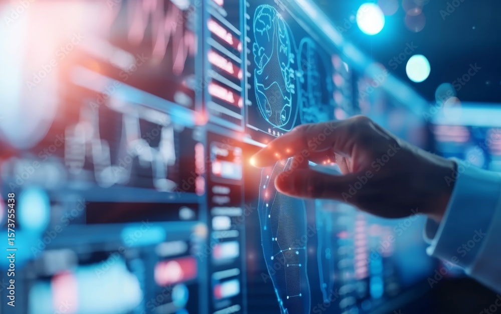A hand interacts with a digital display filled with data visualizations, suggesting advanced technology and human-computer interaction. A hand interacts with a digital display filled with data visualizations, suggesting advanced technology and human-computer interaction.