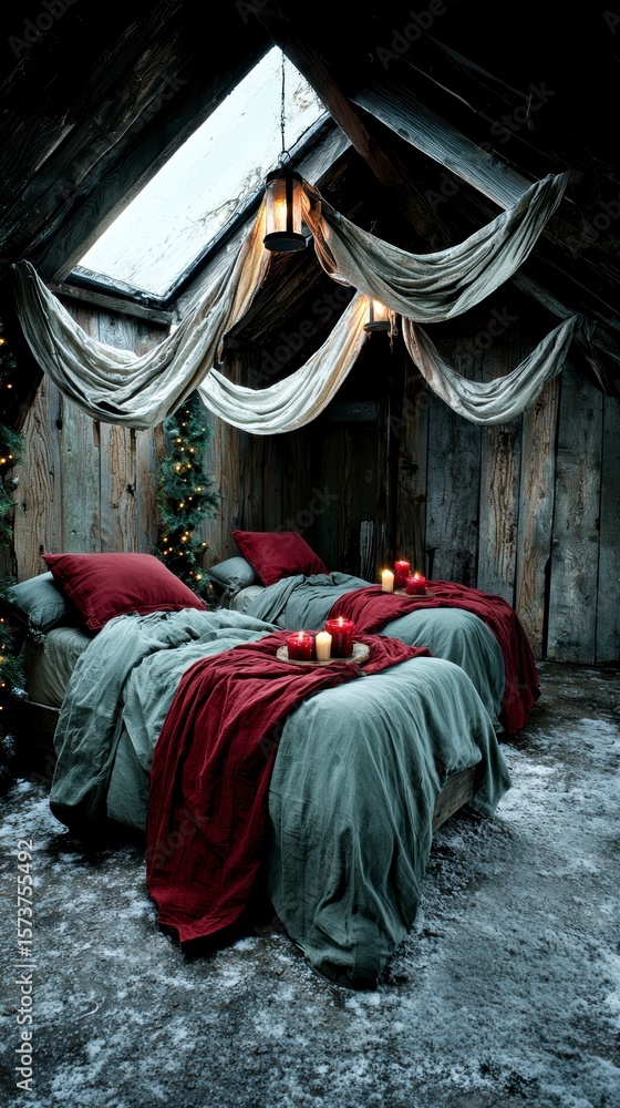 Fototapeta premium Cozy Winter Cabin Bedroom Rustic Chic Decor with Linen Bedding