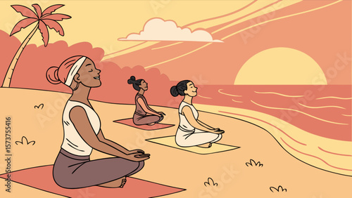Beach yoga retreat for women meditation and mindfulness at sunset wellness and relaxation exercise class