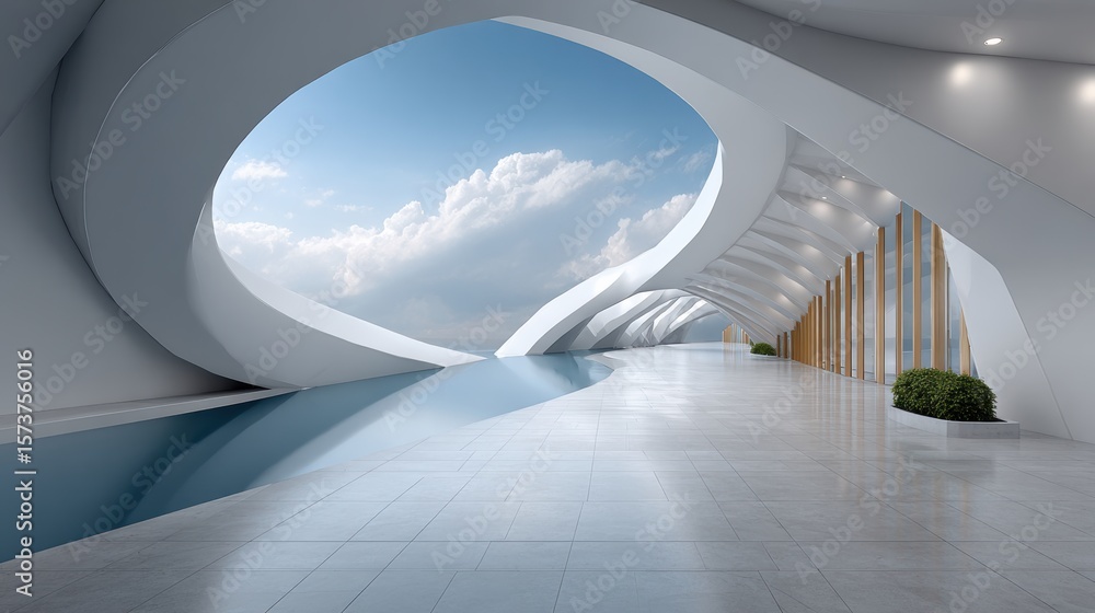Fototapeta premium Exploring the Tranquil Beauty of a White and Blue Sky Over a Spiraling Helix Stadium Design