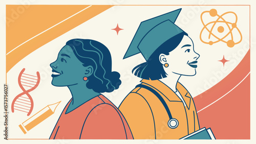 Celebrating women in stem education and career success with graduation and science icons illustration