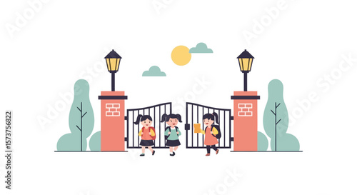 School Entrance: Children Passing Through the Gates