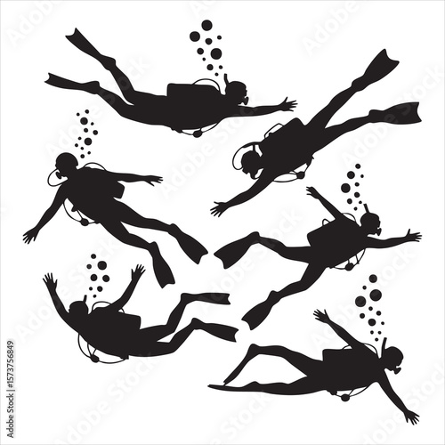 Multiple black silhouette scuba divers swimming underwater with bubbles on white background