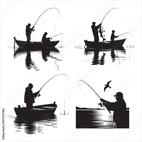 Silhouettes of fishermen in boats on the water with reflections and a bird flying