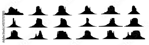 Collection of black silhouettes representing monument valley buttes and mesas