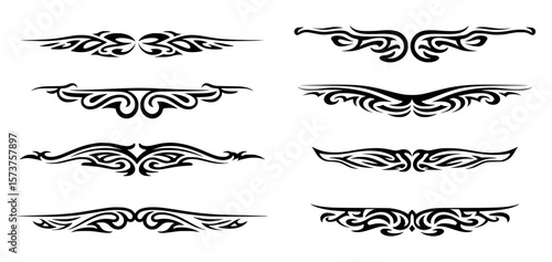 Collection of decorative tribal design elements in black and white style