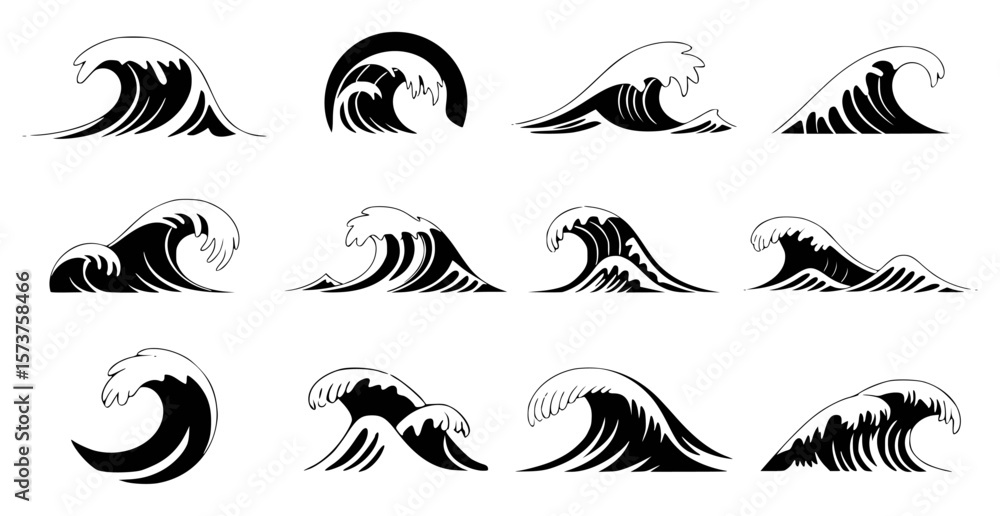 Obraz premium Collection of various black and white wave illustrations on a white background