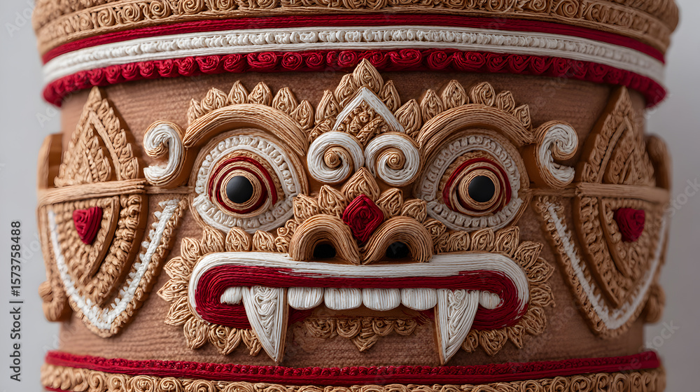 Obraz premium Close-up of traditional Balinese artistic mask. The mask showcases intricate craftsmanship and vivid details. Its expressive features make it a cultural icon