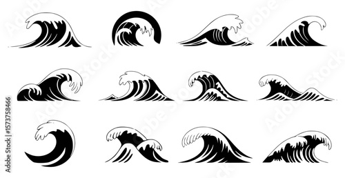 Collection of various black and white wave illustrations on a white background