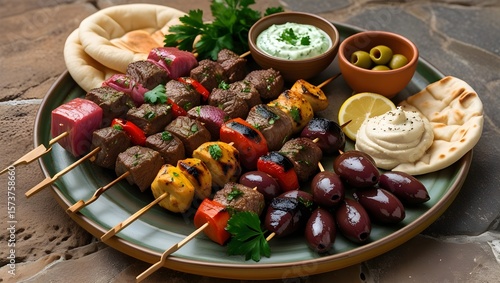 Kebab platter with hummus, pita bread, olives, and tzatziki