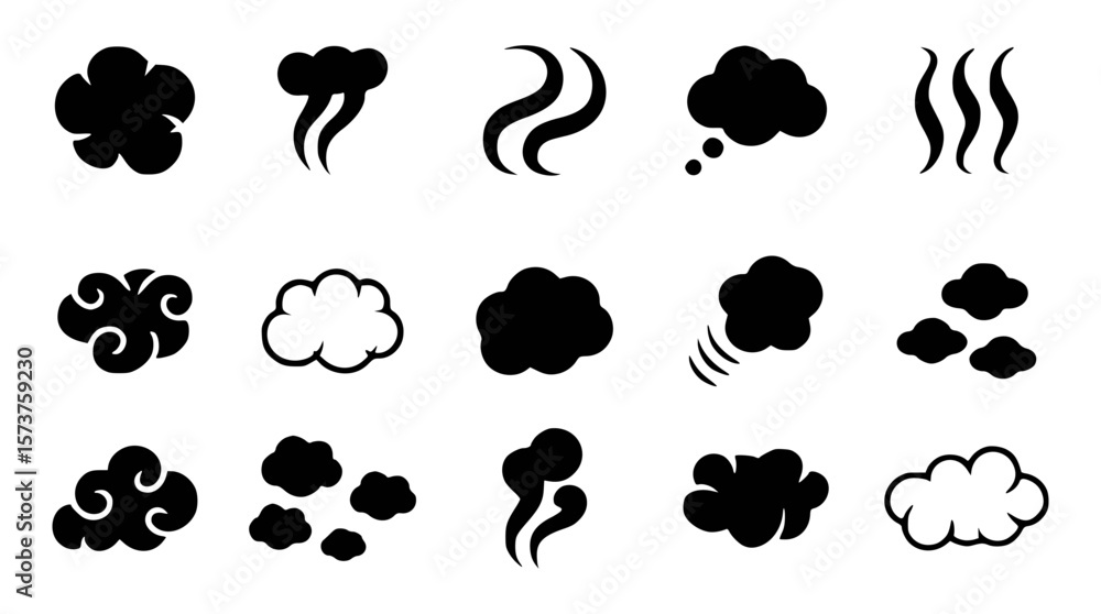 Obraz premium Set of black and white cloud and smoke icons on a white background