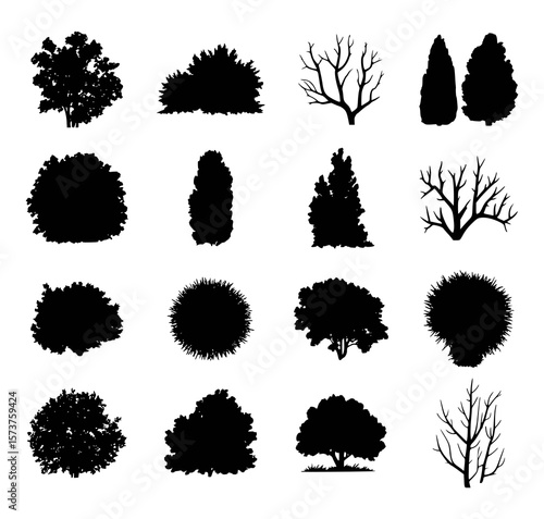 Set of various tree and bush silhouette illustrations on white background