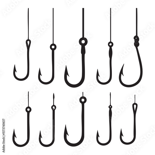 Collection of various fishing hooks shown in silhouette against a white background