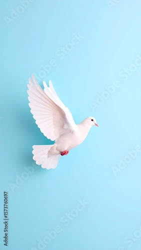 A pristine white dove in flight against a pale, sky-blue background