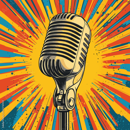 The logo of a podcast radio show is designed in pop art style with a microphone on a colorful retro comic background, vector style simple color