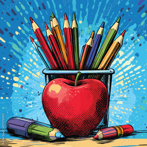 A pop art illustration representing back to school and educational creativity