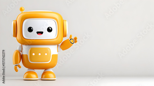 A friendly orange robot is smiling and waving with one arm. The robot is a bright orange with white accents, and has a cute and approachable design. It seems to be greeting and welcoming.