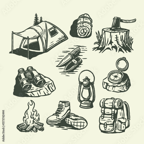 Hand-drawn vintage camping gear illustrations including tent, boots, lantern, and tools for wilderness adventure themes.